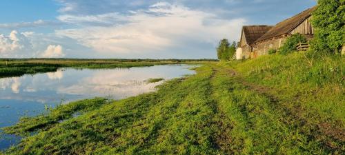 a river next to a barn and a building at Filipówka in Sztabin