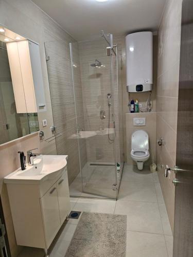 ein Bad mit einer Dusche, einem WC und einem Waschbecken in der Unterkunft Apartman Teo Banja Luka in Banja Luka