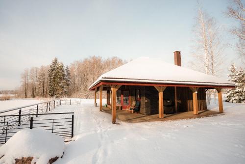 a gazebo covered in snow in a field at Brīvdienu māja "Saules Avoti" in Talsi