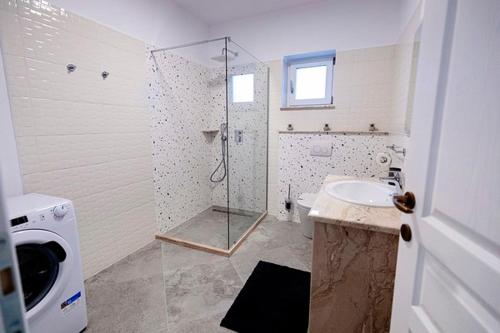 錫蓋圖馬爾馬切伊的住宿－Park Residence 2，带淋浴和盥洗盆的浴室