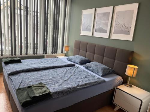 um quarto com uma cama e uma grande janela em Apartment Mischa em Innsbruck
