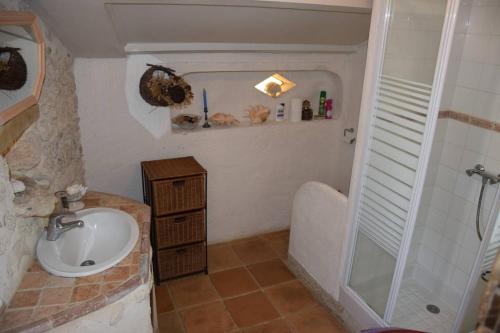une petite salle de bain avec un lavabo et une douche dans l'établissement Maison de caractère à Castella - Clévacances 3 clés, à Castella
