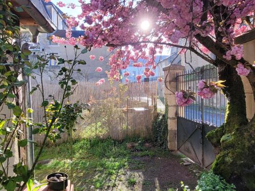 a garden with pink flowers on a fence at La Cour du Château in La Charité-sur-Loire