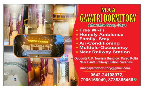 un collage de photos d'un bâtiment avec un prospectus dans l'établissement Maa Gayatri Dormitory, à Varanasi