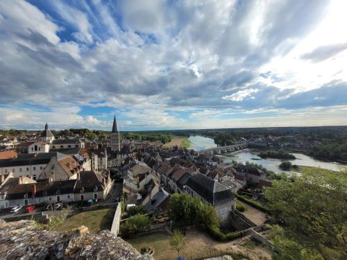 an aerial view of a town with a river and buildings at La Cour du Château in La Charité-sur-Loire