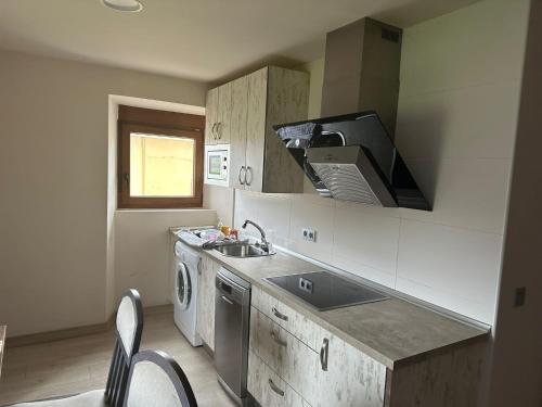 a kitchen with a sink and a washing machine at HOTEL RURAL LOS FAROLES in Huérmeces