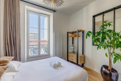 - une chambre dotée d'un lit avec une plante et une fenêtre dans l'établissement Le Cosy, centre ville, à Annecy