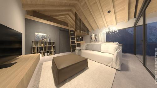 ein Schlafzimmer mit einem Bett und einem Hocker darin in der Unterkunft DALANIA MOUNTAIN APARTMENTS in Ponte di Legno