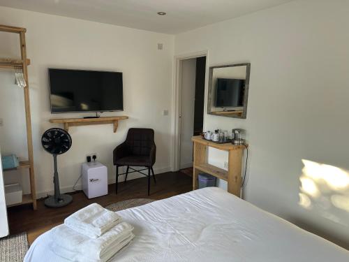 Schlafzimmer mit einem Bett und einem Flachbild-TV in der Unterkunft The White Hart in Widworthy