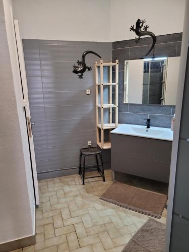 a bathroom with a sink and a mirror at La Cour du Château in La Charité-sur-Loire