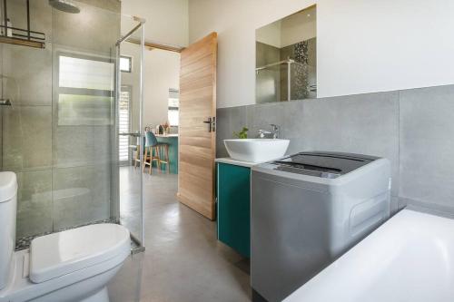 un bagno con wc, lavandino e doccia di Mountain and Sea Cottage a Hermanus