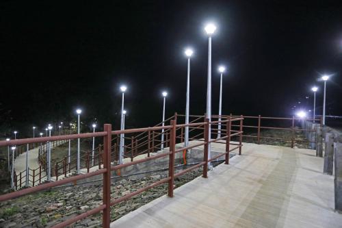 a wooden boardwalk with street lights at night at Ekta Houseboat Statue Of Unity Kevadia in Vadodara