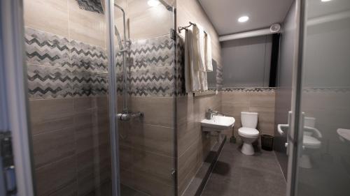 a bathroom with a shower and a toilet and a sink at Green Village Pensiune in Roşu