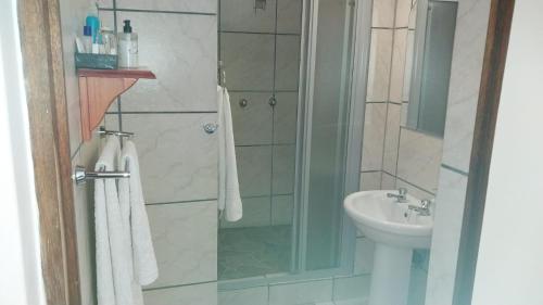 a bathroom with a shower and a sink at Lily Guesthouse in Bloemfontein