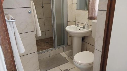 a bathroom with a toilet and a sink and a shower at Lily Guesthouse in Bloemfontein