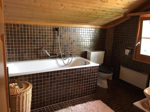 a bathroom with a bath tub and a toilet at Chalet Hockenhorst, 1-10 personen -Familiechalet in fijn skigebied in Kippel