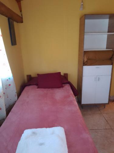a small bedroom with a bed with a pink blanket at Rinconcito de CHABELA in Junín de los Andes