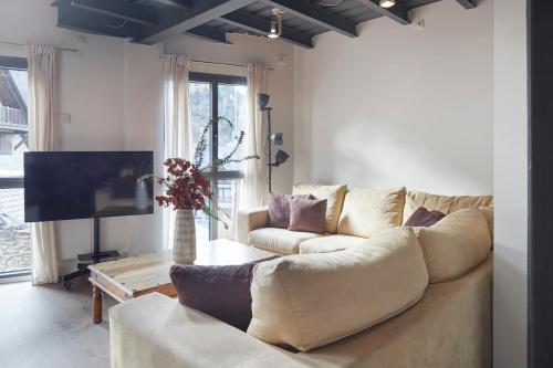 a living room with a couch and a tv at Val Arties 2 by FeelFree Rentals in Arties