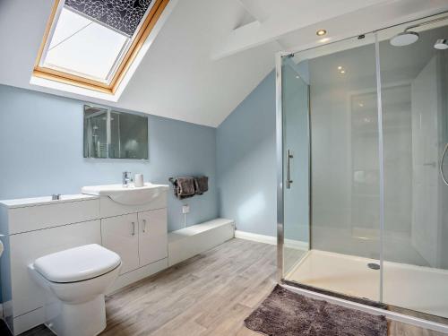 y baño con ducha, aseo y lavamanos. en 2 bed in Donna Nook 74152, en North Somercotes
