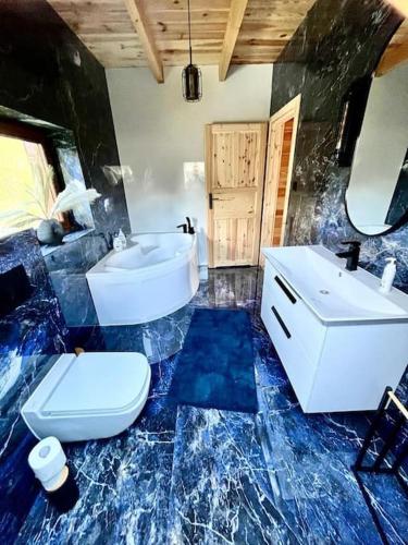 a bathroom with a toilet and a sink and a tub at Dom Pod Lasem in Rydzewo