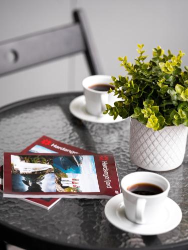 a table with two cups of coffee and a plant at Trolltunga Hostel in Tysso
