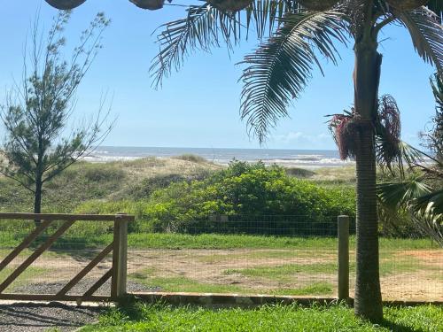 a view of the beach from a palm tree at Casa Amarela a Beira Mar entre Arroio do Sal e Torres in Arroio do Sal