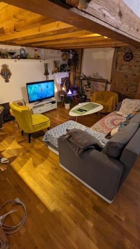 - un salon avec un canapé et une télévision dans l'établissement Chambre à louer Lyon Croix Rousse, à Lyon