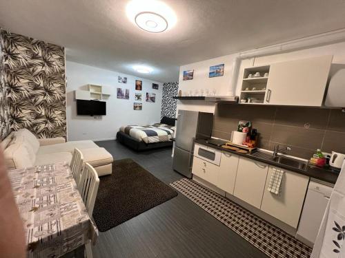 Zimmer mit Küche und Wohnzimmer in der Unterkunft Apartment Tazzoli 11 in Carugo