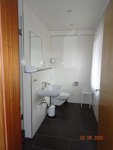 bagno bianco con lavandino e servizi igienici di Pension Anderl a Bodenmais