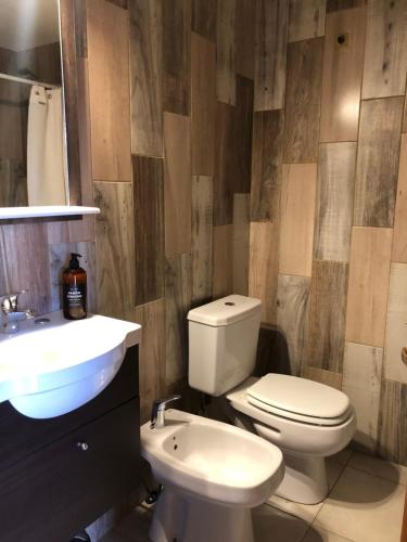 a bathroom with a white toilet and a sink at PARALELO hospedaje vacacional in El Bolsón