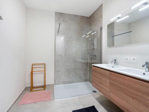 uma casa de banho com um lavatório e um chuveiro em The One 2 bedrooms on floor 0 em Blankenberge