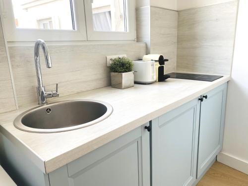 un comptoir de cuisine avec un évier et un micro-ondes dans l'établissement Architect studio near Montmartre, à Paris