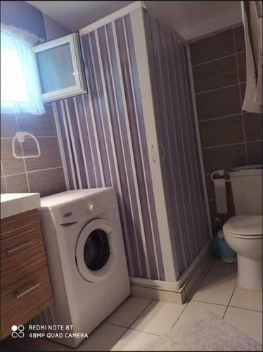 a bathroom with a washing machine and a toilet at Sarah Delight in Pýrgos