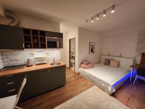 um pequeno quarto com uma cama e uma cozinha em Apartman 18 em Debrecen