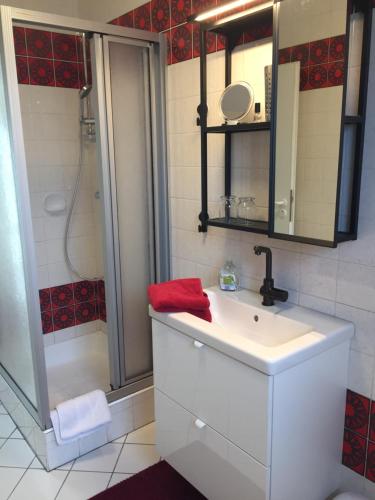 ein Badezimmer mit einem weißen Waschbecken und einer Dusche in der Unterkunft Ferienwohnung Haus am Sommerberg in Ludwigsstadt