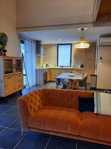 un salon avec un canapé marron et une cuisine dans l'établissement Le Vertigo proche centre histo avec 2 parkings, à Sarlat-la-Canéda