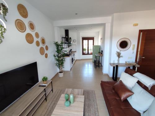 a living room with a couch and a tv at VISTA ALMIJARA in Frigiliana