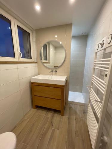 a bathroom with a sink and a mirror at Villa Blanche in Agon Coutainville