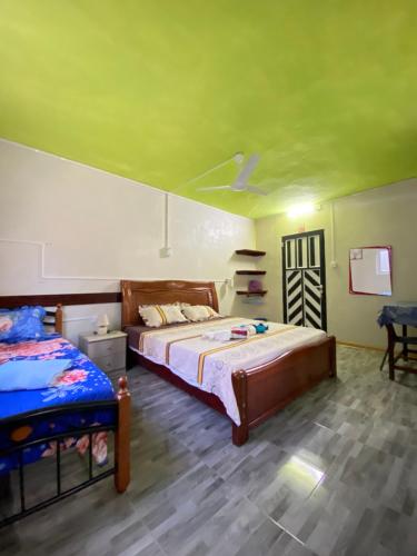 een slaapkamer met 2 bedden en een groen plafond bij La Rosedepine chez Mariani chez l'habitant in Rodrigues Island