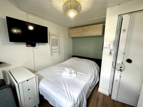 Habitación pequeña con cama blanca y TV de pantalla plana. en Petit nid en centre ville, en Noisy-le-Sec