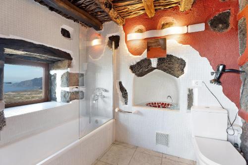 uma casa de banho com um chuveiro e uma janela em El Lagar em Jerez de la Frontera
