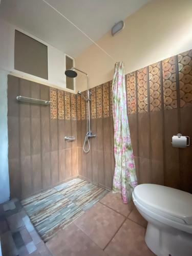 ein Bad mit einer Dusche und einem WC in der Unterkunft La Rosedepine chez Mariani chez l'habitant in Rodrigues Island