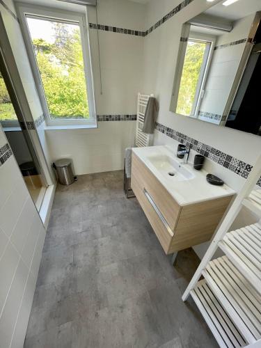 une salle de bain avec un lavabo et un miroir dans l'établissement Le Galion - Maison avec terrasses proche plage, à Pléneuf-Val-André