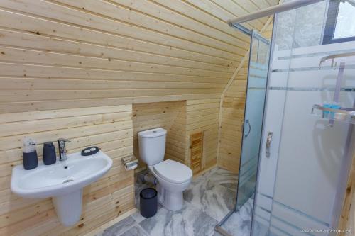 a bathroom with a toilet and a sink and a shower at Hill Wonder in Batumi