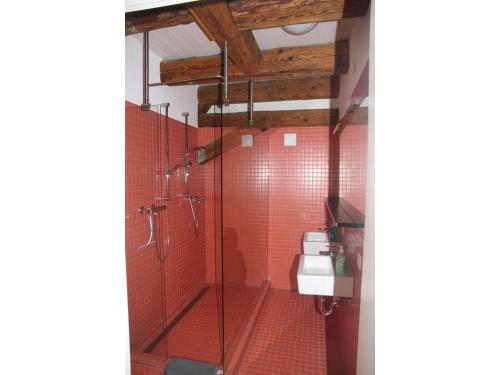 uma casa de banho com um chuveiro e um WC. em Villa Arena em Geisingen