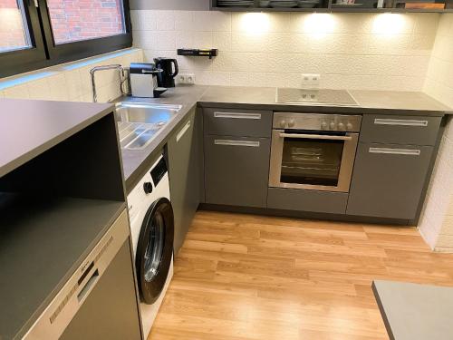 a kitchen with a sink and a dishwasher at Apt Prinz Friedrich - Zentral - Zimmerprinzen in Oldenburg