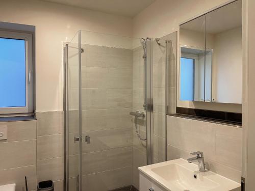 La salle de bains est pourvue d'une douche et d'un lavabo. dans l'établissement Apartment Prinzessin Aphrodite - Zimmerprinzen, à Oldenbourg