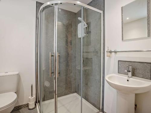 a bathroom with a shower and a toilet and a sink at 1 bed in Mamhilad 83405 in Mamhilad