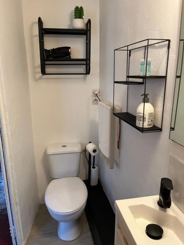 a bathroom with a white toilet and a sink at Studio en ville in Apt