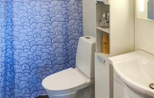 a bathroom with a toilet and a blue shower curtain at 2 Bedroom Stunning Home In Vrnamo in Värnamo